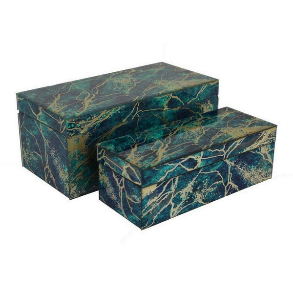Benzara Dory Decorative Box Set Of 2 Green Blue Faux Marble Accent Glass -BM331371