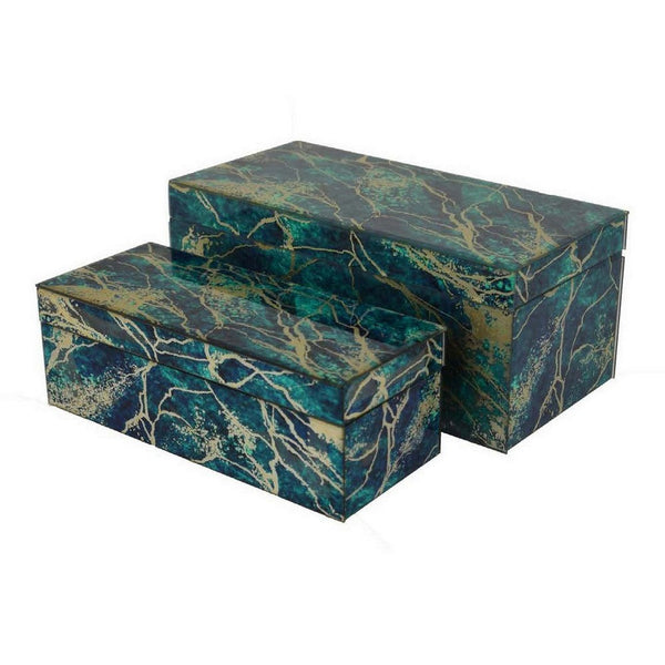 Benzara Dory Decorative Box Set Of 2 Green Blue Faux Marble Accent Glass -BM331371