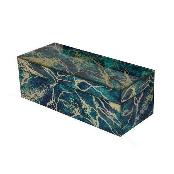 Benzara Dory Decorative Box Set Of 2 Green Blue Faux Marble Accent Glass -BM331371