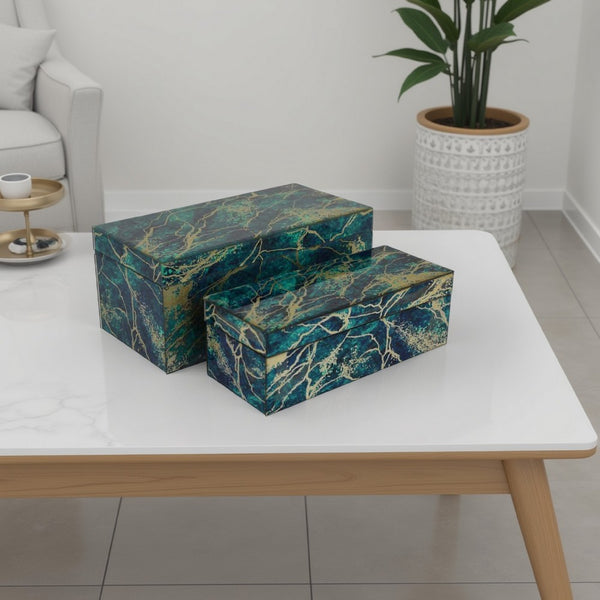 benzara Dory Decorative Box Set of 2 Green Blue Faux Marble Accent Glass -BM331371
