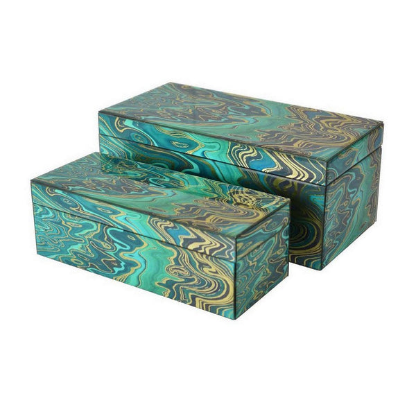 Benzara Dory Decorative Box Set Of 2 Green Gold Accent Abstract Pattern Glass -BM331378