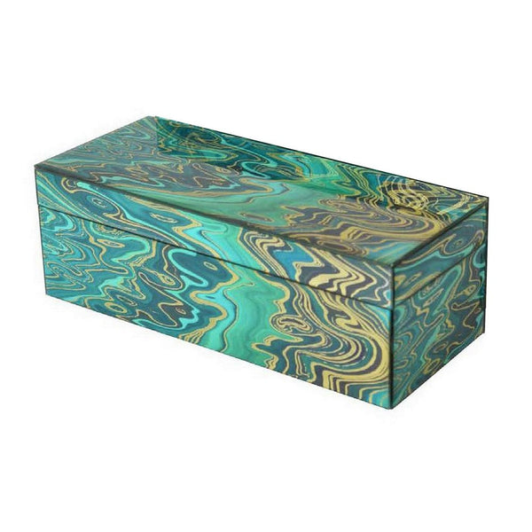 Benzara Dory Decorative Box Set Of 2 Green Gold Accent Abstract Pattern Glass -BM331378