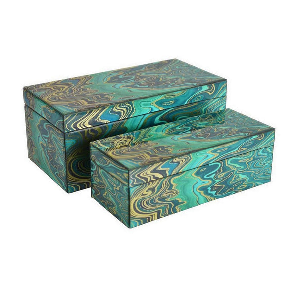 benzara Dory Decorative Box Set of 2 Green Gold Accent Abstract Pattern Glass -BM331378