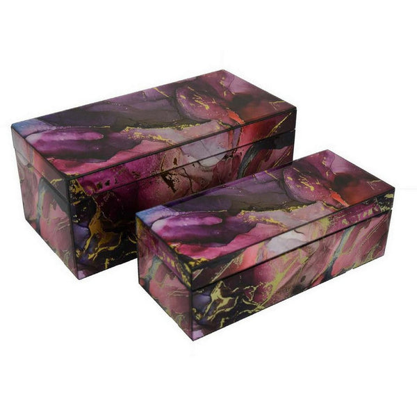Benzara Dory Decorative Box Set Of 2 Pink Gold Faux Agate Stone Accent Glass -BM331376
