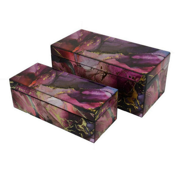 Benzara Dory Decorative Box Set Of 2 Pink Gold Faux Agate Stone Accent Glass -BM331376