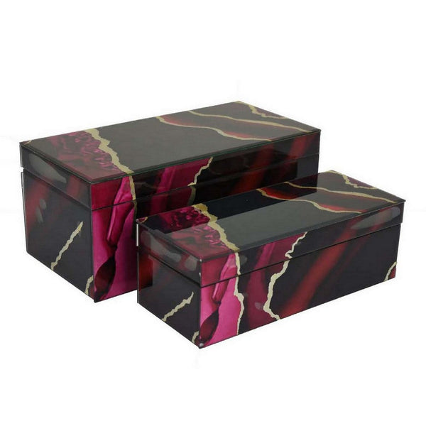Benzara Dory Decorative Box Set Of 2 Red Black Faux Marble Accent Glass -BM331369