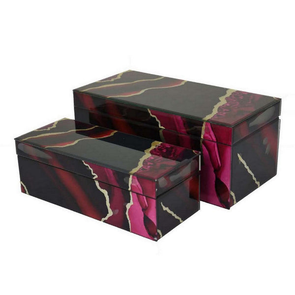 Benzara Dory Decorative Box Set Of 2 Red Black Faux Marble Accent Glass -BM331369