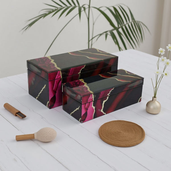 benzara Dory Decorative Box Set of 2 Red Black Faux Marble Accent Glass -BM331369