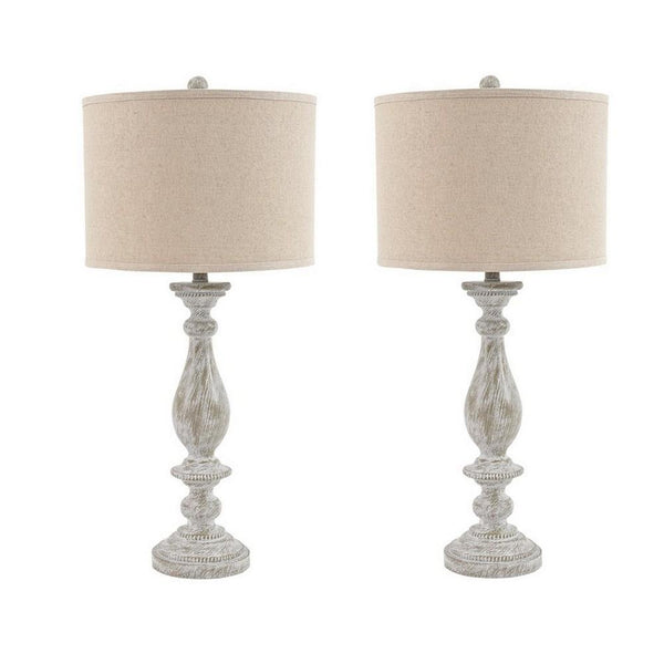 benzara Drum Shade Table Lamp with Pedestal Base Set of 2 Beige and Off White - BM231948