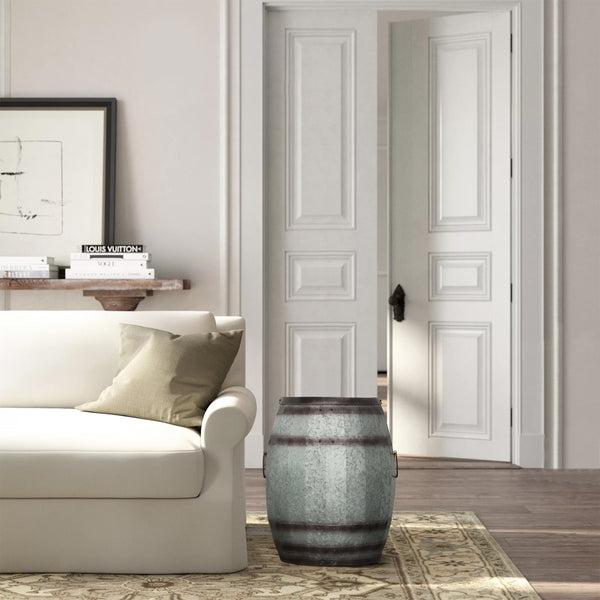 benzara Drum Shape Metal Wine Storage Table with Removable Lid Rustic Brown and Gray - BM82436