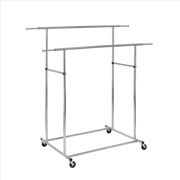 Benzara Dual Bar Tubular Metal Frame Garment Rack With Casters Chrome - BM233941