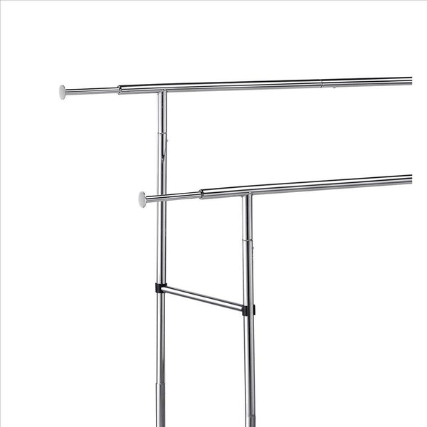 Benzara Dual Bar Tubular Metal Frame Garment Rack With Casters Chrome - BM233941