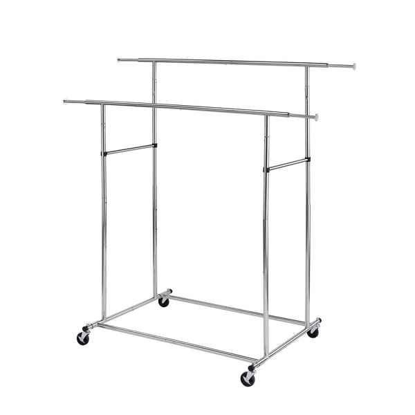 benzara Dual Bar Tubular Metal Frame Garment Rack with Casters Chrome - BM233941