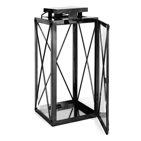 Benzara Eddie 14 Inch Lantern Black Stainless Steel X Frame Design Wire Handle -BM321660
