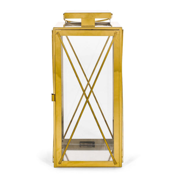 Benzara Eddie 14 Inch Lantern Gold Stainless Steel X Frame Design Wire Handle -BM321663