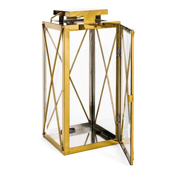 Benzara Eddie 14 Inch Lantern Gold Stainless Steel X Frame Design Wire Handle -BM321663
