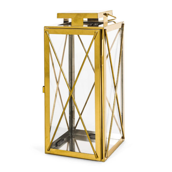 benzara Eddie 14 Inch Lantern Gold Stainless Steel X Frame Design Wire Handle -BM321663