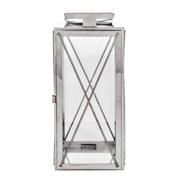 Benzara Eddie 14 Inch Lantern Silver Stainless Steel X Frame Design Wire Handle -BM321661