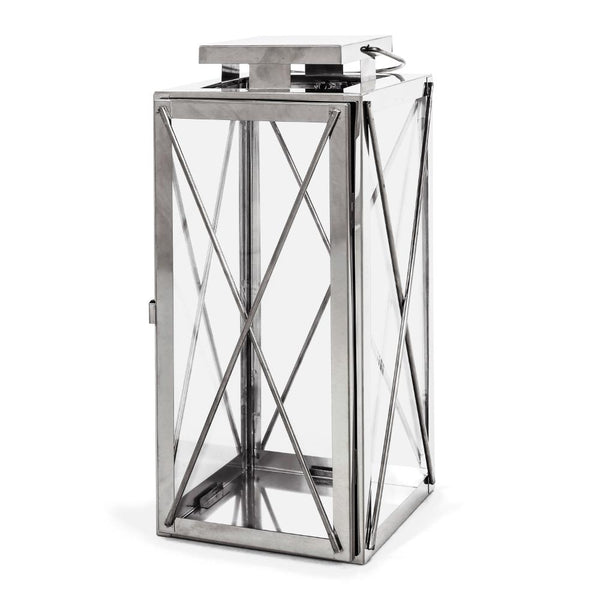 benzara Eddie 14 Inch Lantern Silver Stainless Steel X Frame Design Wire Handle -BM321661