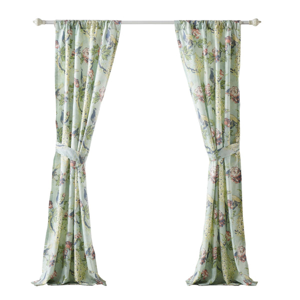 Benzara Eden 84 Inch WIndow Curtains Butterflies And Songbirds Green Microfiber - BM294316