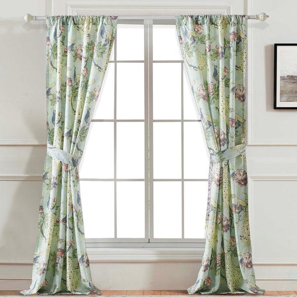 benzara Eden 84 Inch WIndow Curtains Butterflies and Songbirds Green Microfiber - BM294316