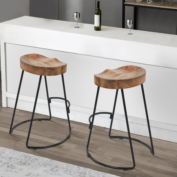 Benzara Ela 24 Inch Counter Height Stool Mango Wood Saddle Seat Iron Frame Brown And Black - UPT-37910