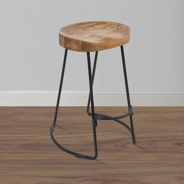 Benzara Ela 24 Inch Counter Height Stool Mango Wood Saddle Seat Iron Frame Brown And Black - UPT-37910