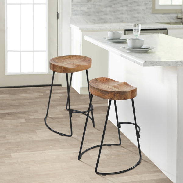 benzara Ela 24 Inch Counter Height Stool Mango Wood Saddle Seat Iron Frame Brown and Black - UPT-37910