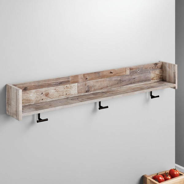 benzara Elis Wall Mounted Coat Rack 3 Hooks and Shelf Butcher Block White -BM330032