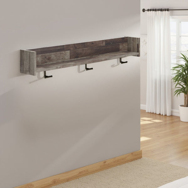 benzara Elis Wall Mounted Coat Rack with 3 Hooks and Shelf Butcher Block Gray -BM330030
