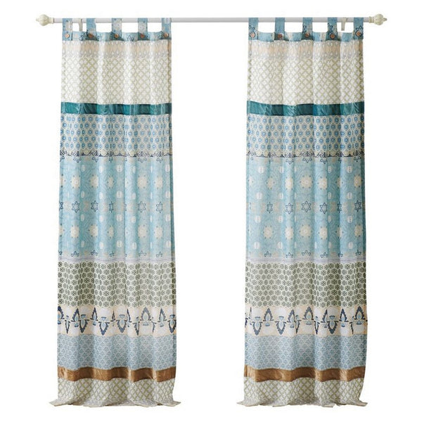 Benzara Ello 2 Panel Curtain Panel Set Cotton White And Blue Geometric Print -BM332785