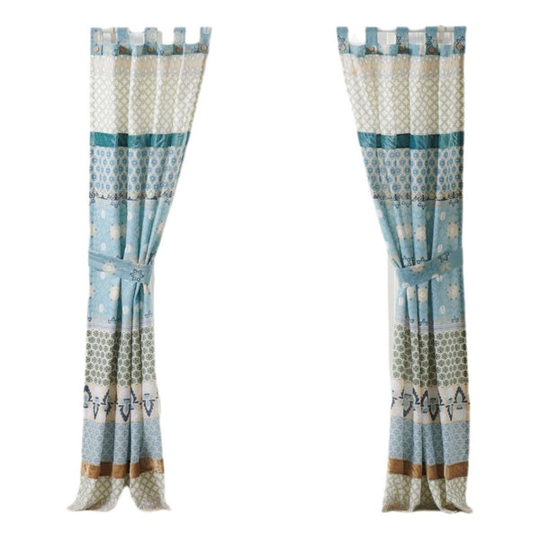 Benzara Ello 2 Panel Curtain Panel Set Cotton White And Blue Geometric Print -BM332785