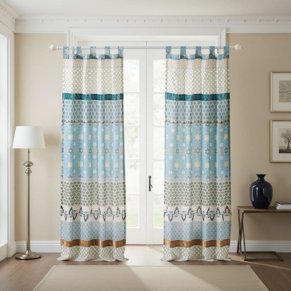 benzara Ello 2 Panel Curtain Panel Set Cotton White and Blue Geometric Print -BM332785