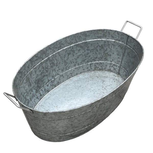 Benzara Embossed Design Oval Shape Galvanized Steel Tub With Side Handles Large Silver - BM195213