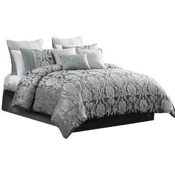 Benzara Emma 9 Piece Polyester Queen Comforter Set Gray Silver Velvet Damask Print - BM283920