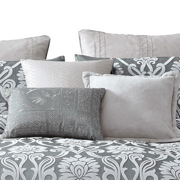 Benzara Emma 9 Piece Polyester Queen Comforter Set Gray Silver Velvet Damask Print - BM283920