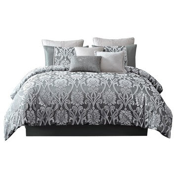 benzara Emma 9 Piece Polyester Queen Comforter Set Gray Silver Velvet Damask Print - BM283920