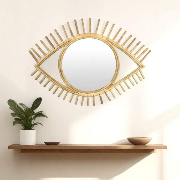 benzara Eric Round Mirror Wall Decor Eye Shaped Brown Natural Fiber 34 Inch -BM330160