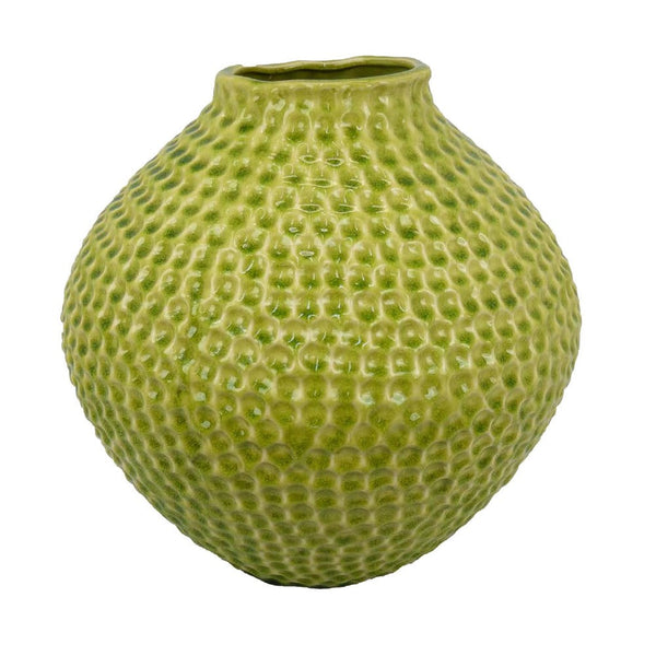 Benzara Evans Accent Vase Embossed Textured Surface Green Ceramic 14 Inch -BM330145
