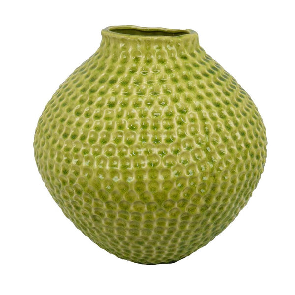 Benzara Evans Accent Vase Embossed Textured Surface Green Ceramic 14 Inch -BM330145
