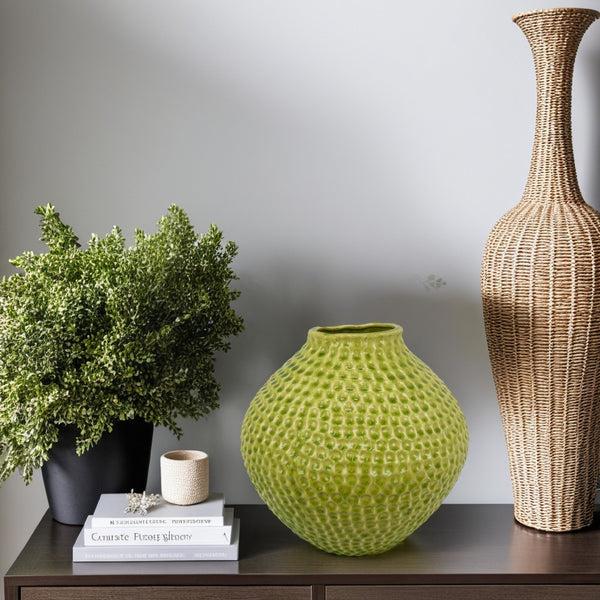 benzara Evans Accent Vase Embossed Textured Surface Green Ceramic 14 Inch -BM330145