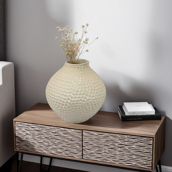 benzara Evans Accent Vase Embossed Textured Surface White Ceramic 14 Inch -BM330142