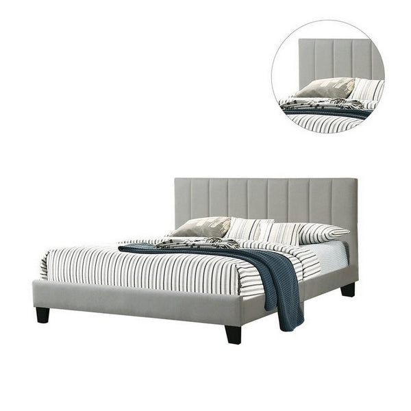 Benzara Eve Platform California King Bed Deep Channel Tufted Light Gray Upholstery - BM301437
