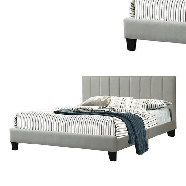 Benzara Eve Platform California King Bed Deep Channel Tufted Light Gray Upholstery - BM301437