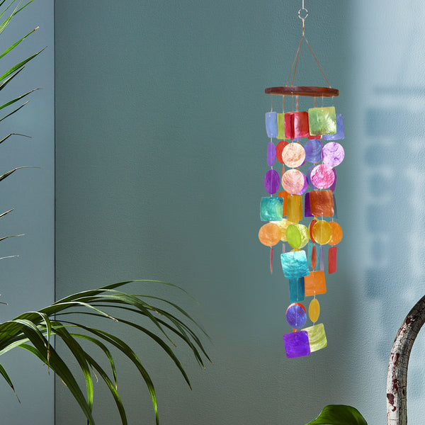 benzara Exquisite Wind Chime with Wooden Round Top and Ring Handle Multicolor - BM02689