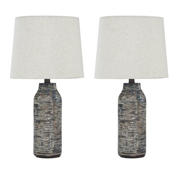 benzara Fabric Shade Table Lamp with Textured Base Set of 2 White and Black - BM231949