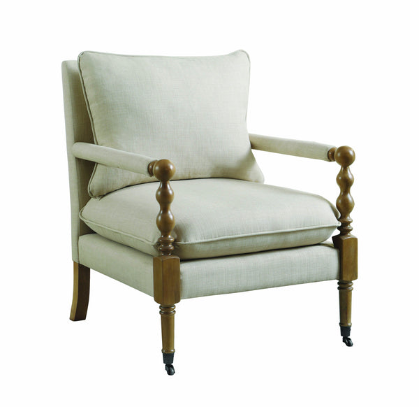 Benzara Fabric Upholstered Wooden Accent Chair With Manchette Armrest Beige And Brown - BM196738