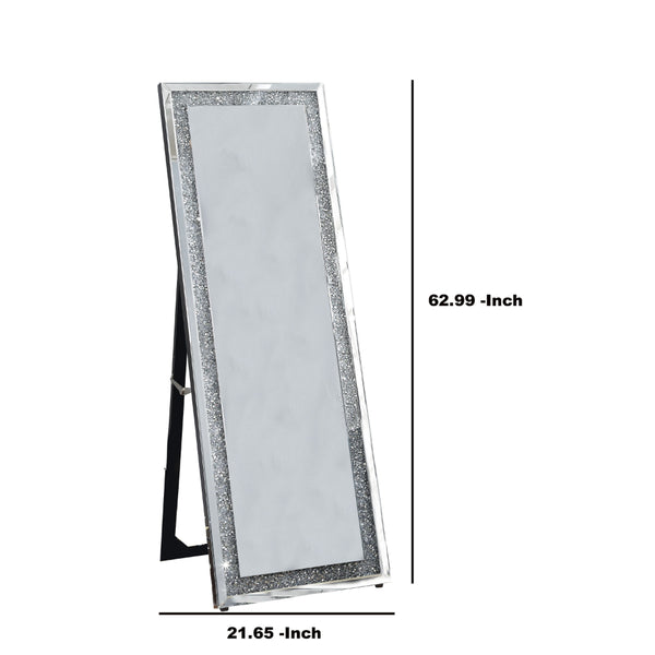 Benzara Faux Crystal Accented Wooden Floor Mirror Clear And Silver - BM195973