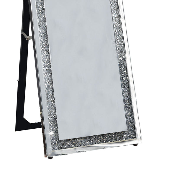 Benzara Faux Crystal Accented Wooden Floor Mirror Clear And Silver - BM195973