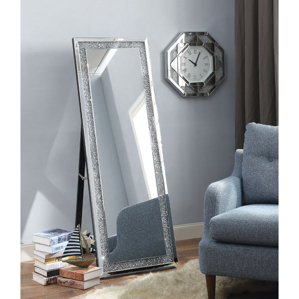 benzara Faux Crystal Accented Wooden Floor Mirror Clear and Silver - BM195973